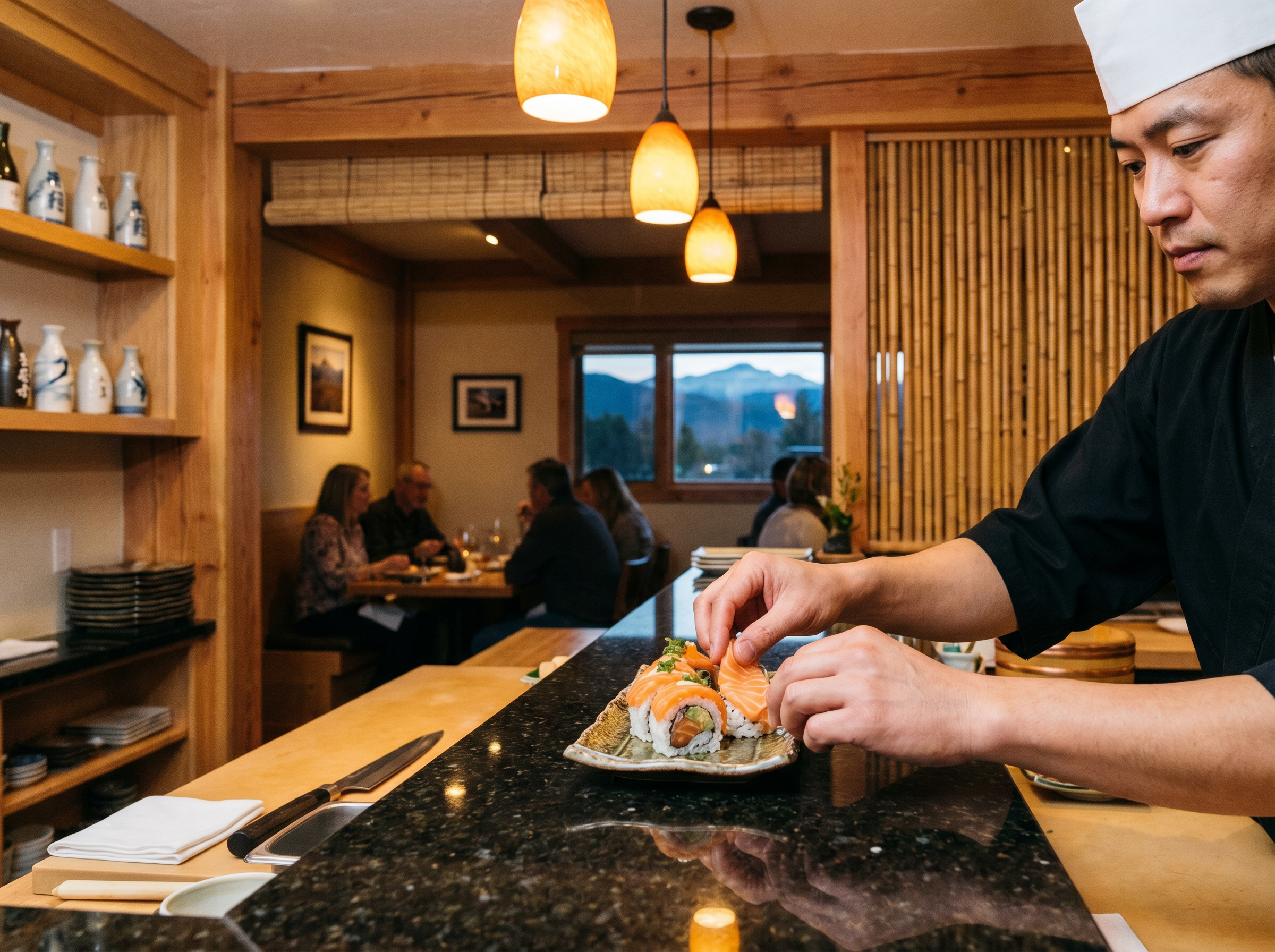 Sushi Spot chef crafting specialty rolls at the granite bar